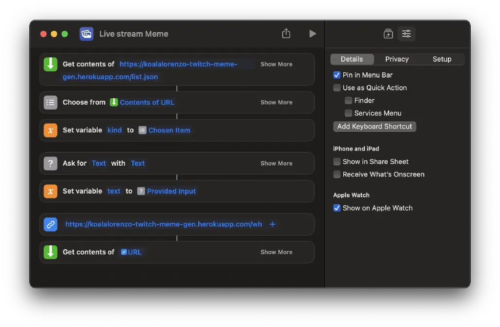 My Shortcut to generate Memes from my iPhone