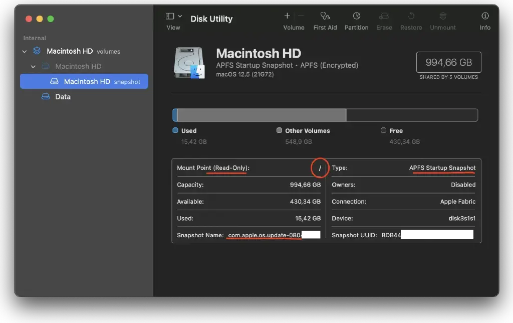 macOS Disk Utility showing update snapshot mounted as read-only on the root path