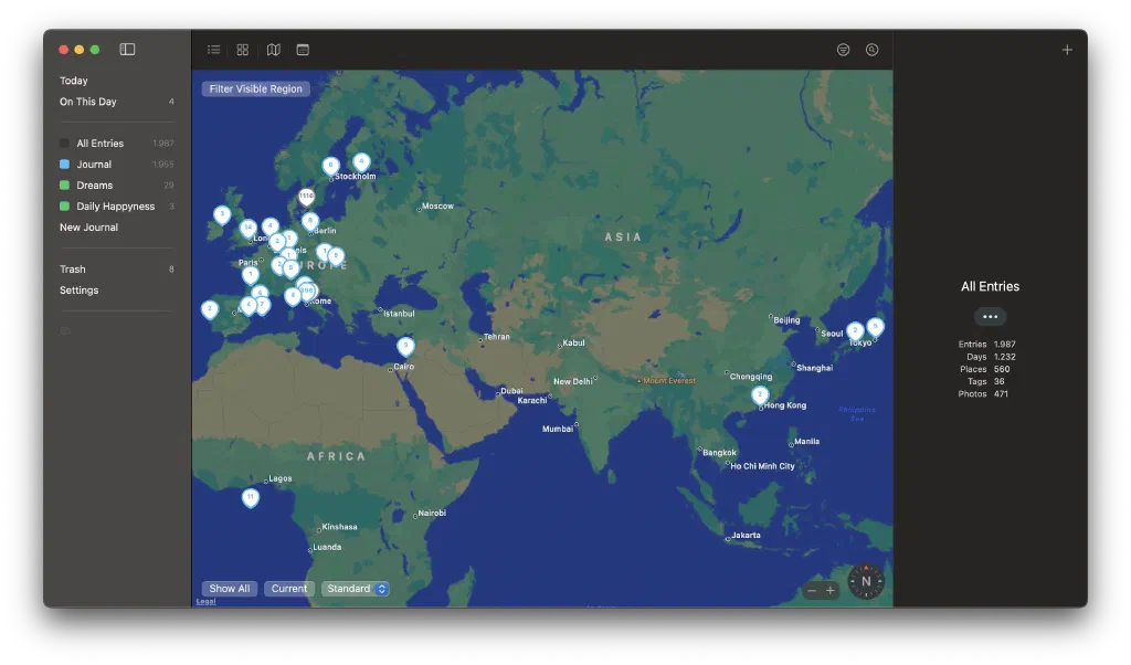 Day One has a built-in Map and geolocation